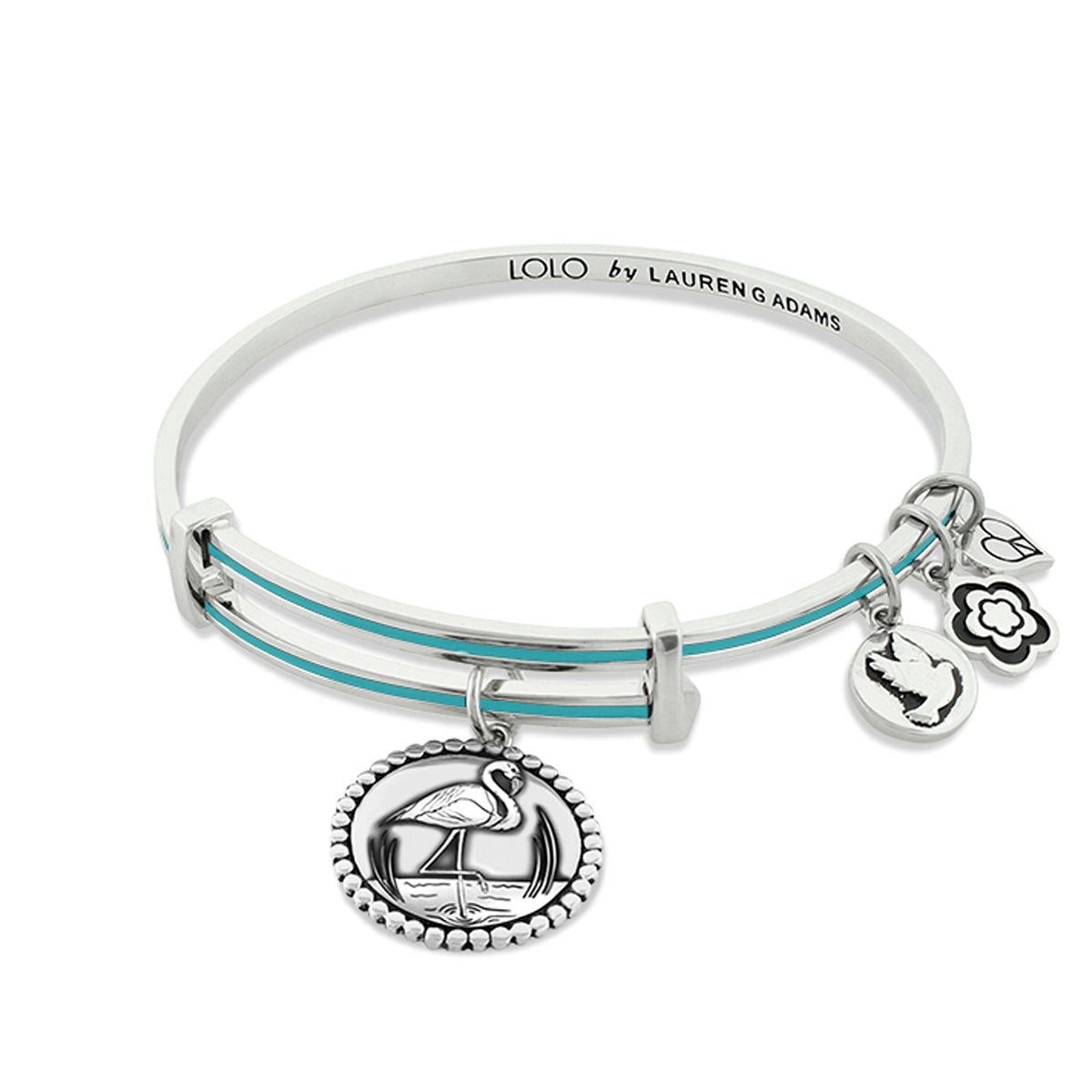 Lolo Flamingo Bangle by Lauren G Adams, silver bracelet with teal enamel bands and charms on Tampa Home & Garden Store