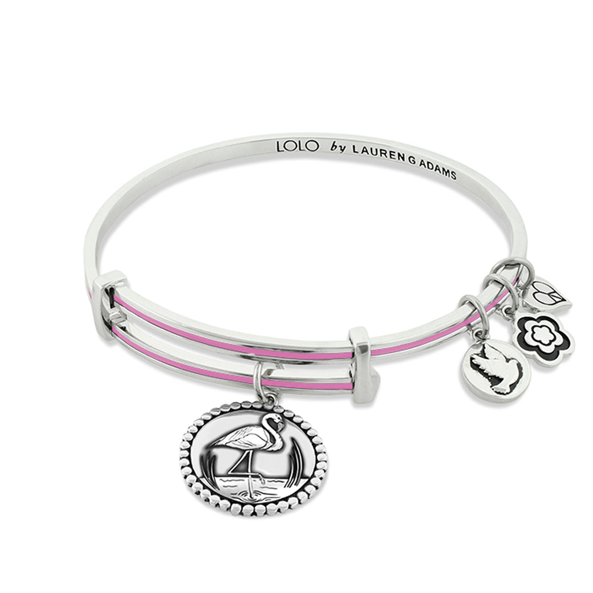 Lolo Flamingo Bangle bracelet in silver-tone with pink-accent flamingo charm by Lauren G Adams on Tampa Home & Garden Store
