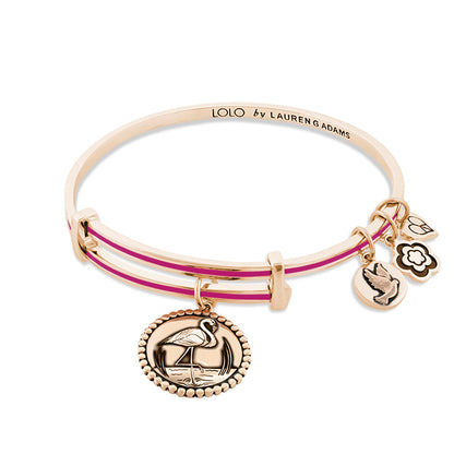 Lolo Flamingo Bangle, rose-gold bracelet with pink double-band and four charms by Lauren G Adams on Tampa Home & Garden Store