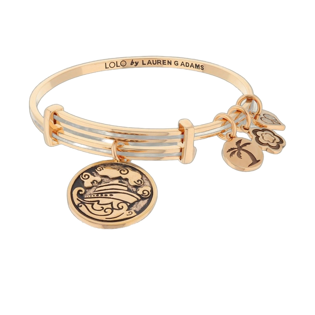 Lolo Cruising Bangle by Lauren G Adams in gold tone with engraved coin and charm pendants on Tampa Home & Garden Store
