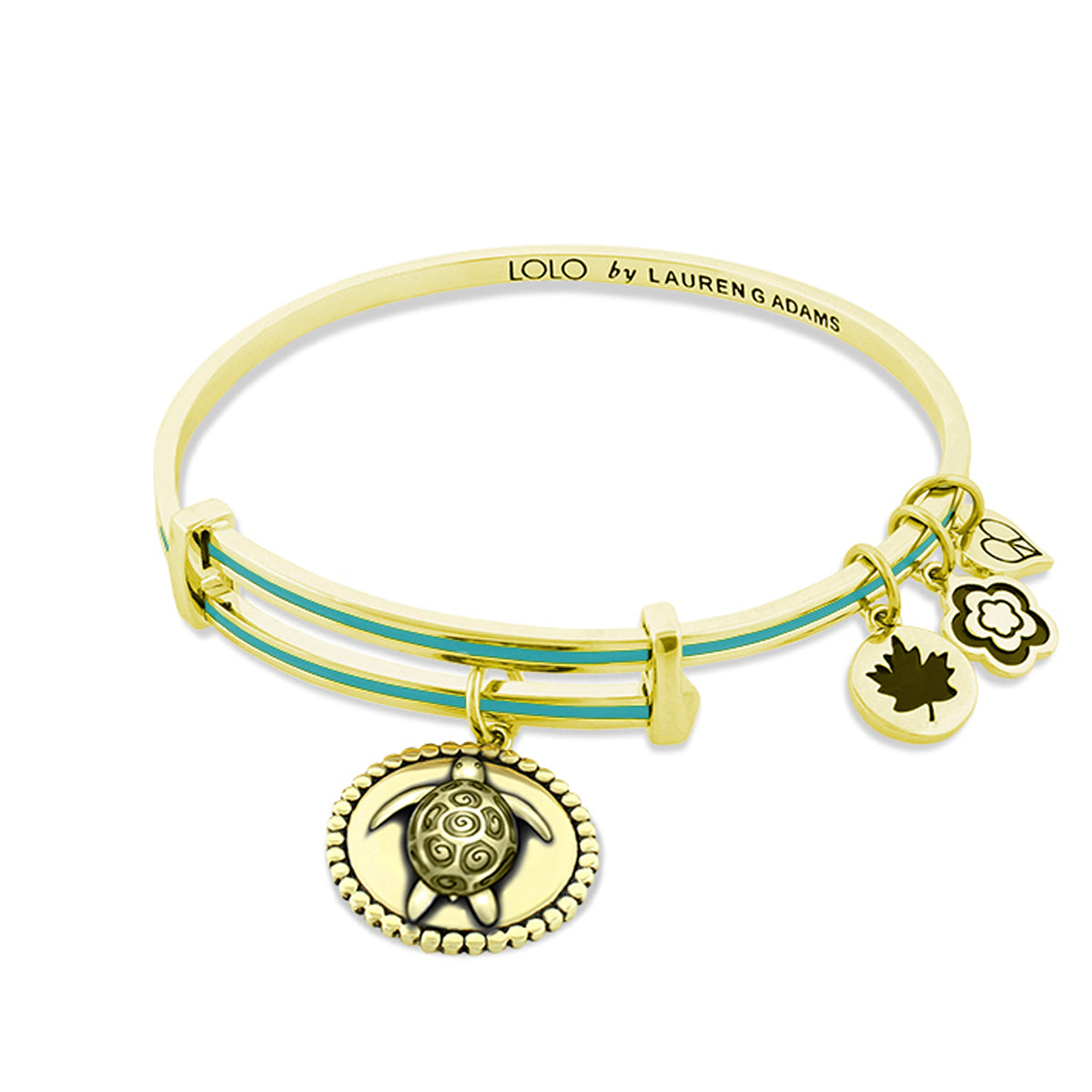 Lolo Turtle Bangle bracelet by Lauren G Adams; gold-tone bracelet with teal enamel bands and turtle charm on Tampa Home & Garden Store