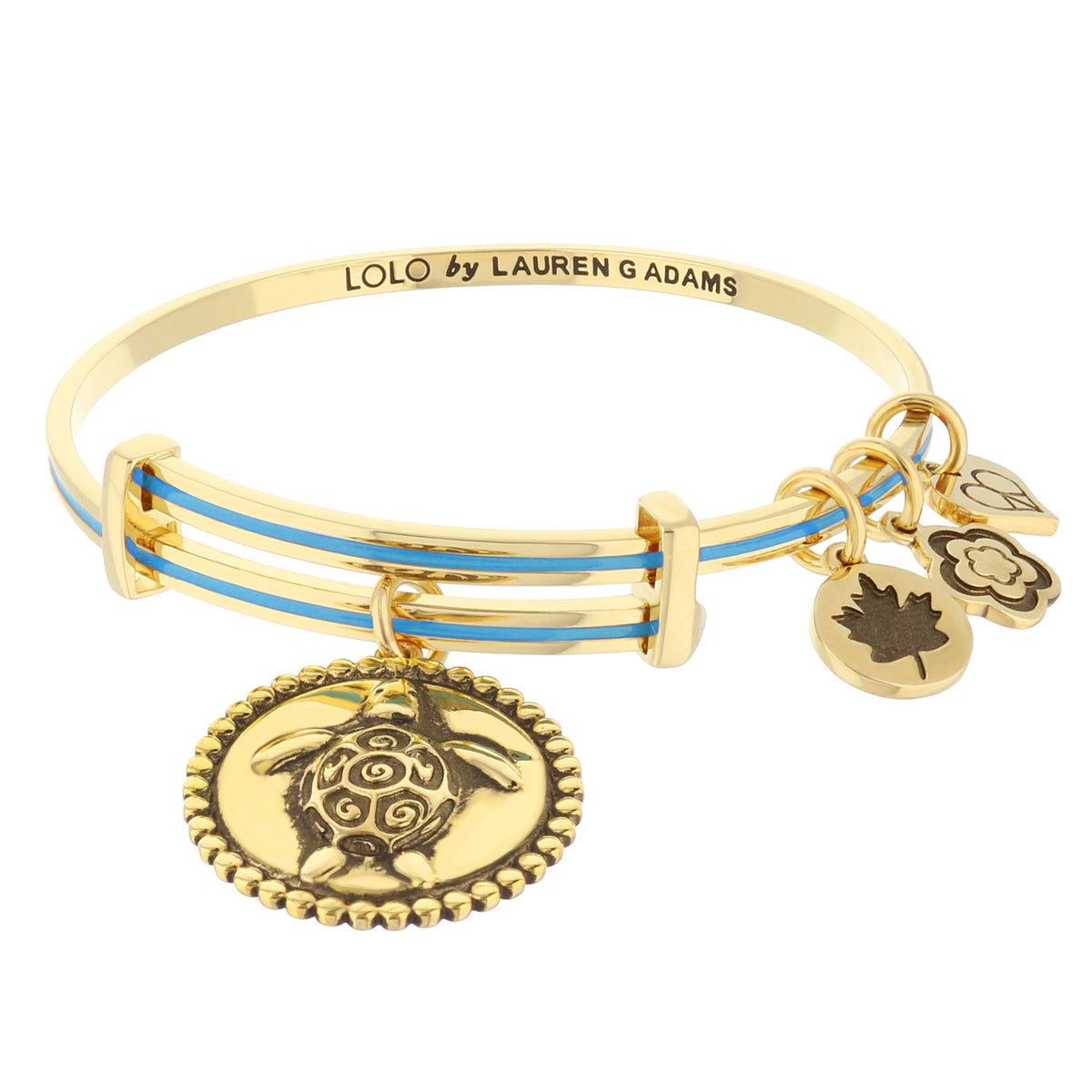 Lolo Turtle Bangle by Lauren G Adams; gold bracelet with blue enamel stripe and turtle charms on Tampa Home & Garden Store