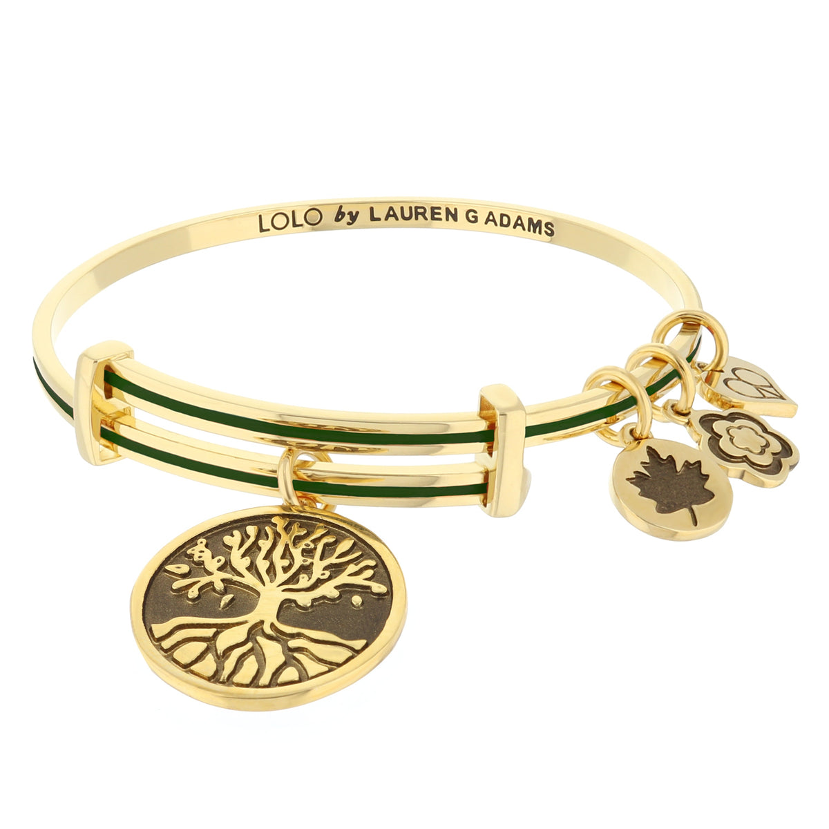 LOLO Turtle Bangle by Lauren G Adams; gold-tone bracelet with green enamel stripe and charms on Tampa Home & Garden Store