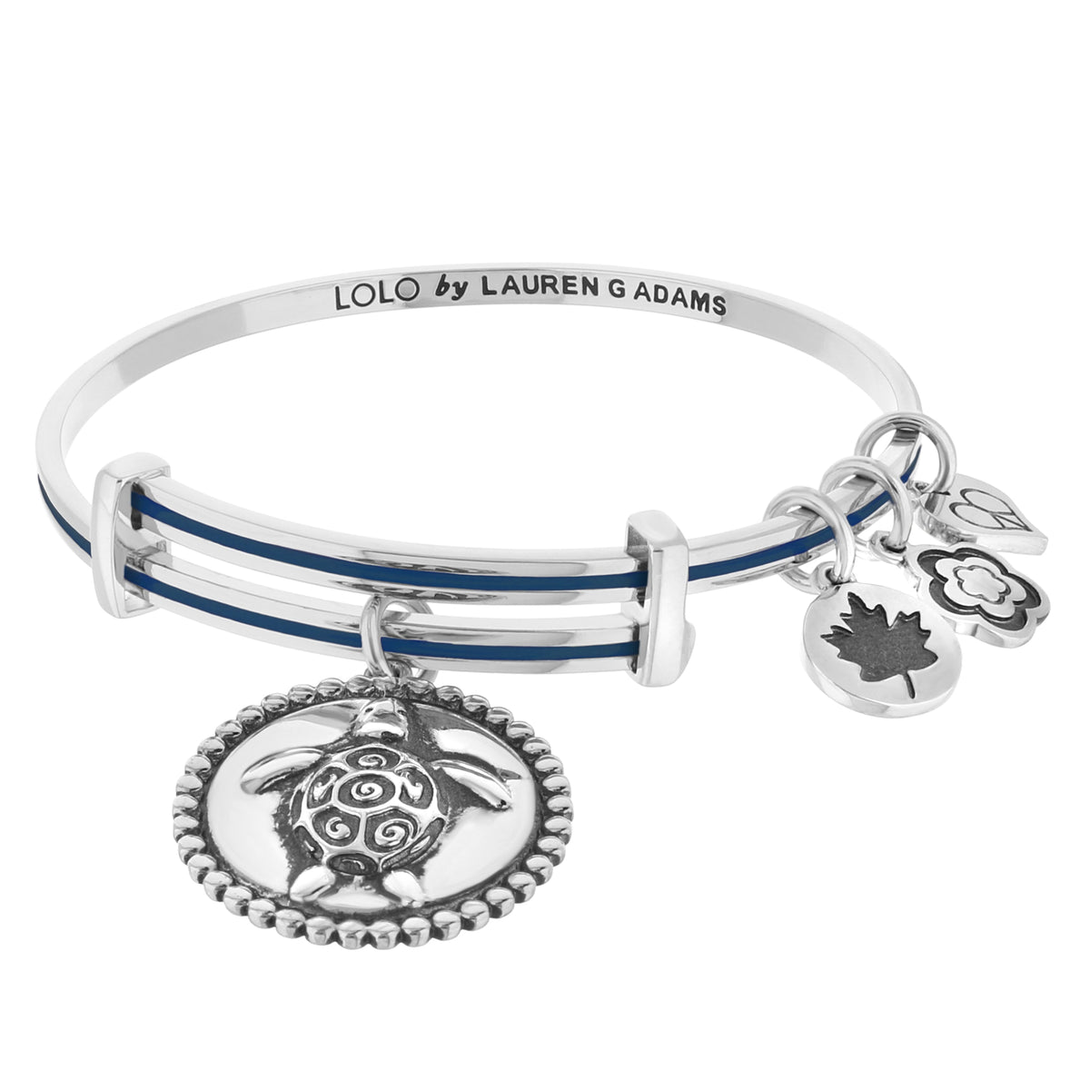Lolo Turtle Bangle by Lauren G Adams, silver-tone bracelet with blue stripe and charms on Tampa Home & Garden Store