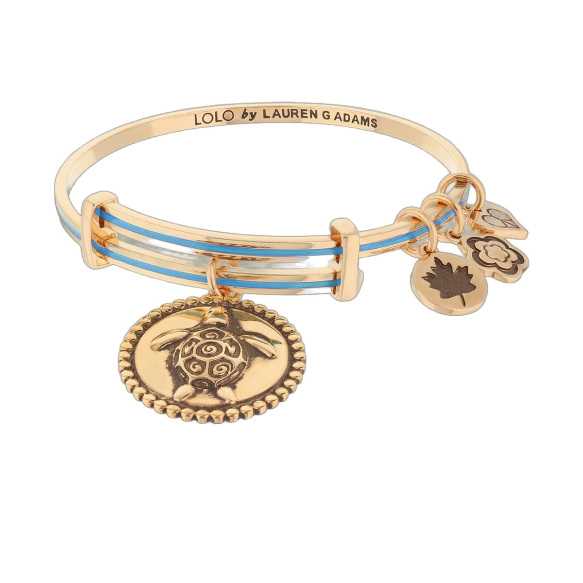 Lolo Turtle Bangle by Lauren G Adams in rose gold with blue enamel stripes and turtle charms on Tampa Home & Garden Store