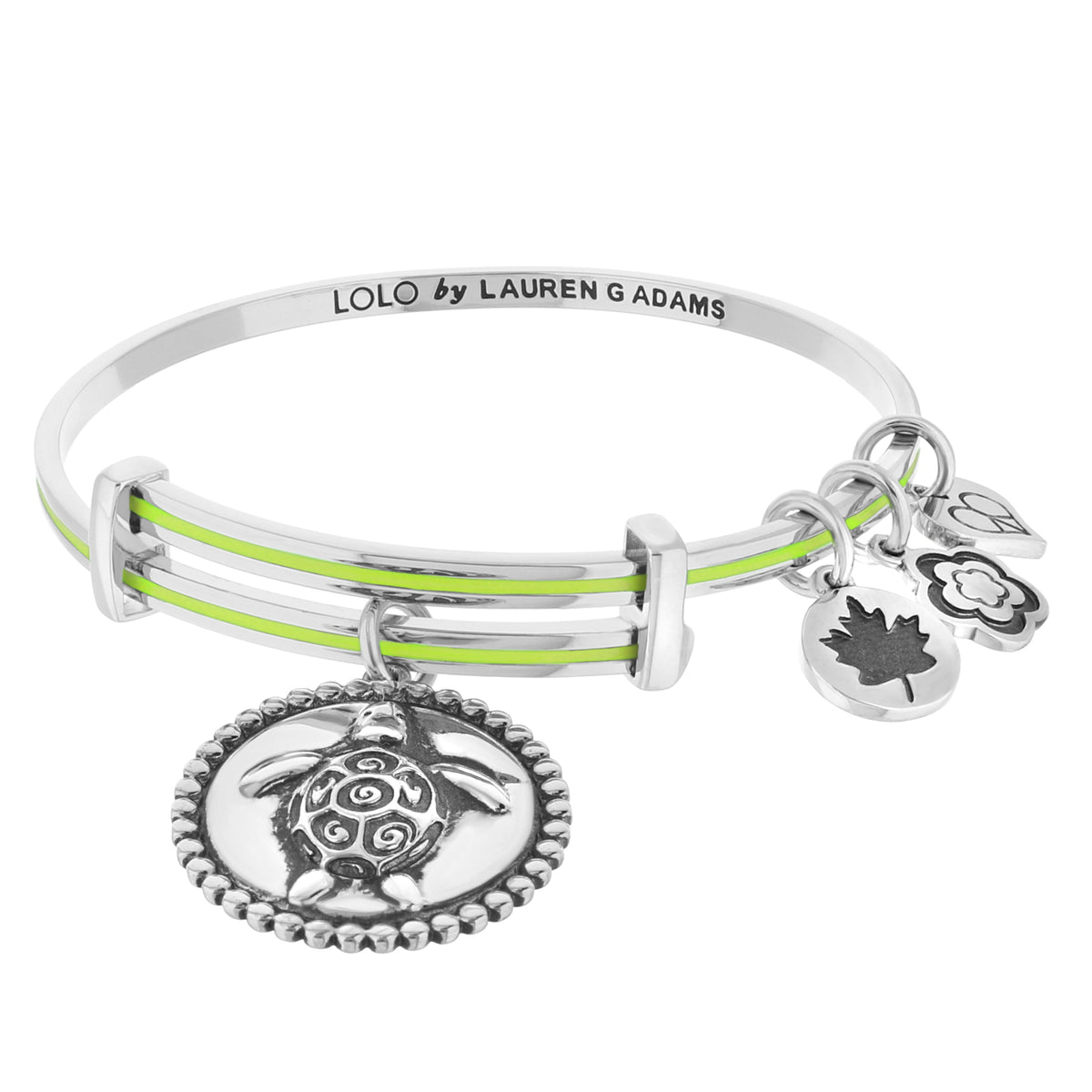 Lolo Turtle Bangle by Lauren G Adams, silver bracelet with lime stripe and charms on Tampa Home & Garden Store