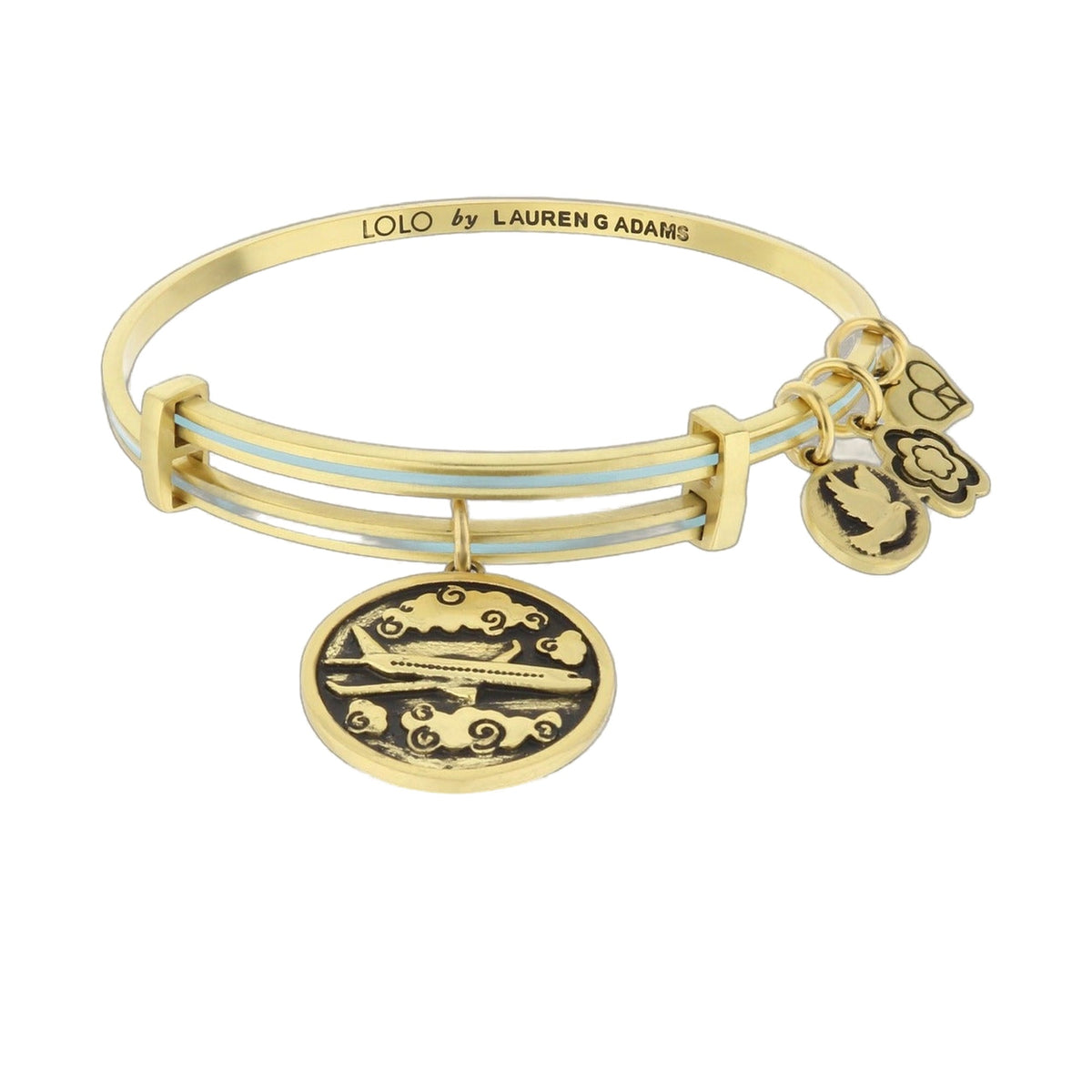 Lolo Sky Is the Limit gold-tone bangle with blue enamel stripe and Lauren G Adams charms on Tampa Home & Garden Store