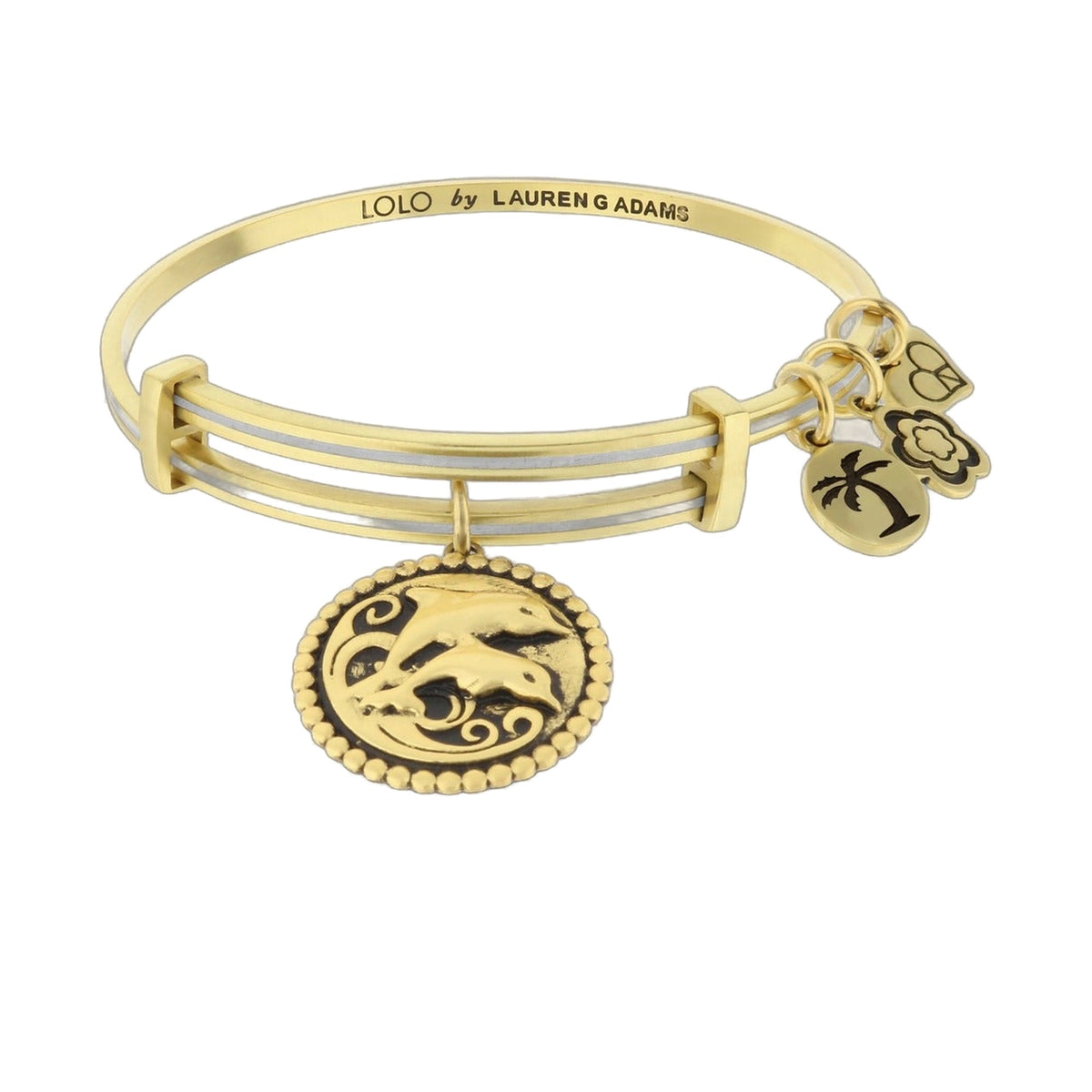 Lolo Dolphins Bangle gold tone bracelet with dolphin charm discs by Lauren G Adams on Tampa Home & Garden Store