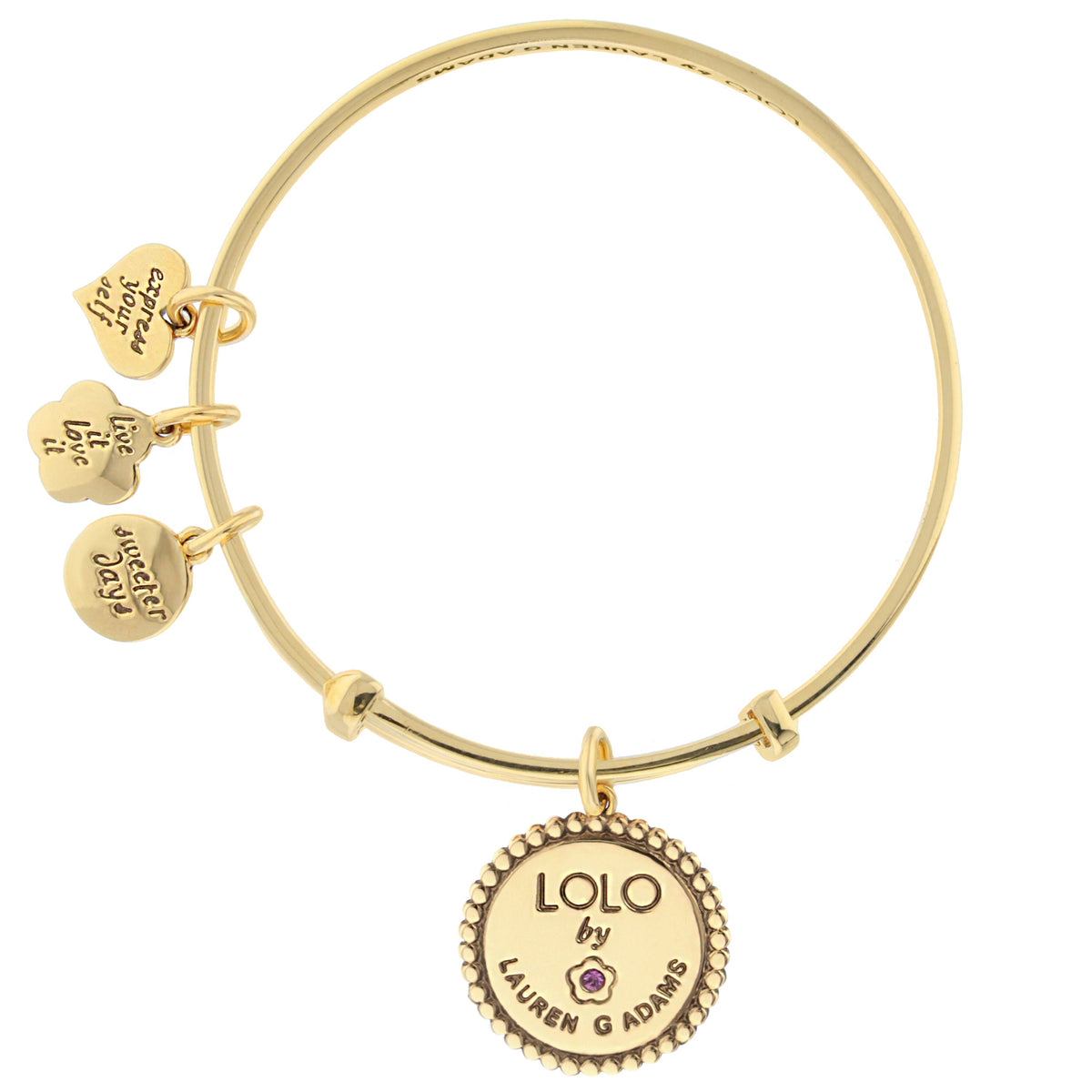Lolo Dolphins Bangle by Lauren G Adams, gold with charms and a purple gemstone on Tampa Home & Garden Store