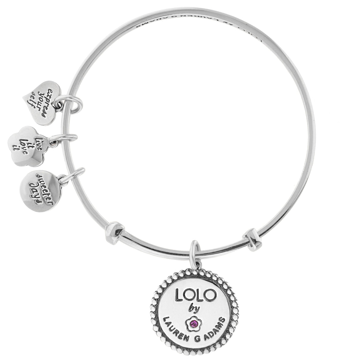 Bracelet Lolo Dolphins Bangle by Lauren G Adams in silver with several engraved charms pendant on Tampa Home & Garden Store