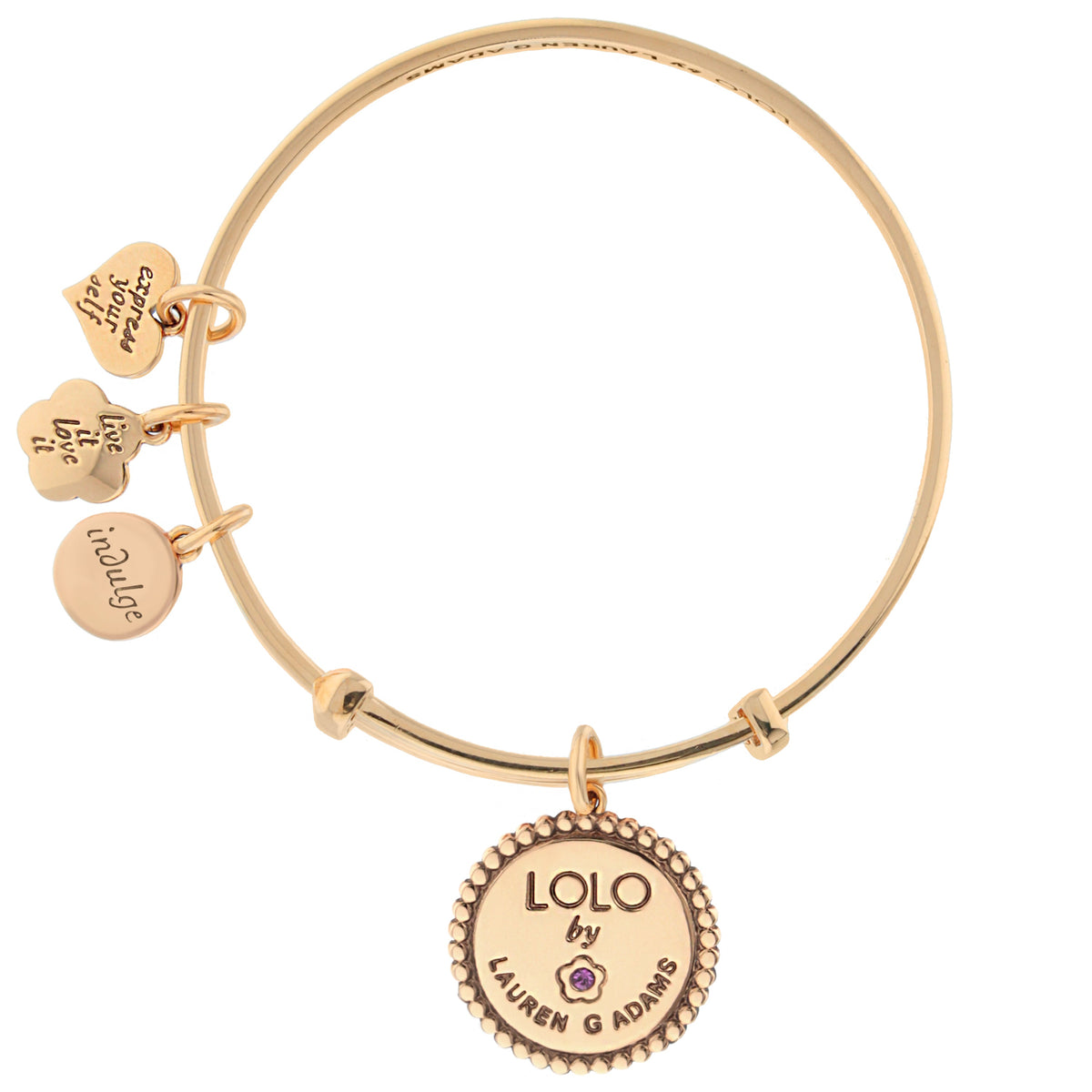 Lolo Dolphins Bangle by Lauren G Adams, gold-tone bracelet with heart charms and LOLO medallion on Tampa Home & Garden Store