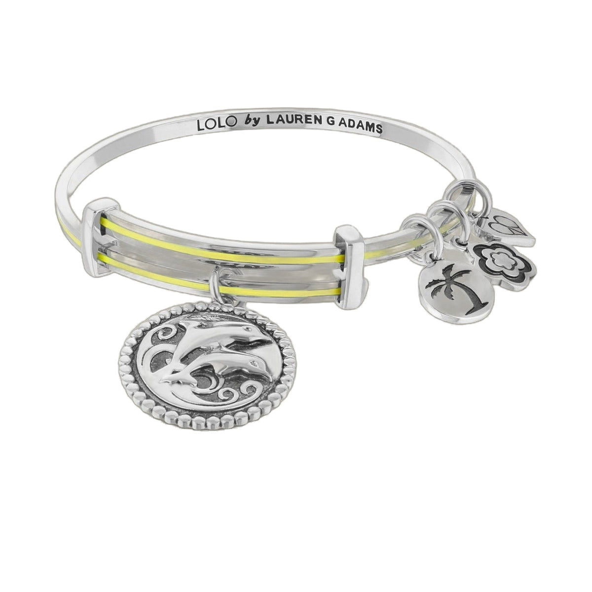Lolo Dolphins Bangle by Lauren G Adams, silver-tone bracelet with yellow stripe on Tampa Home & Garden Store