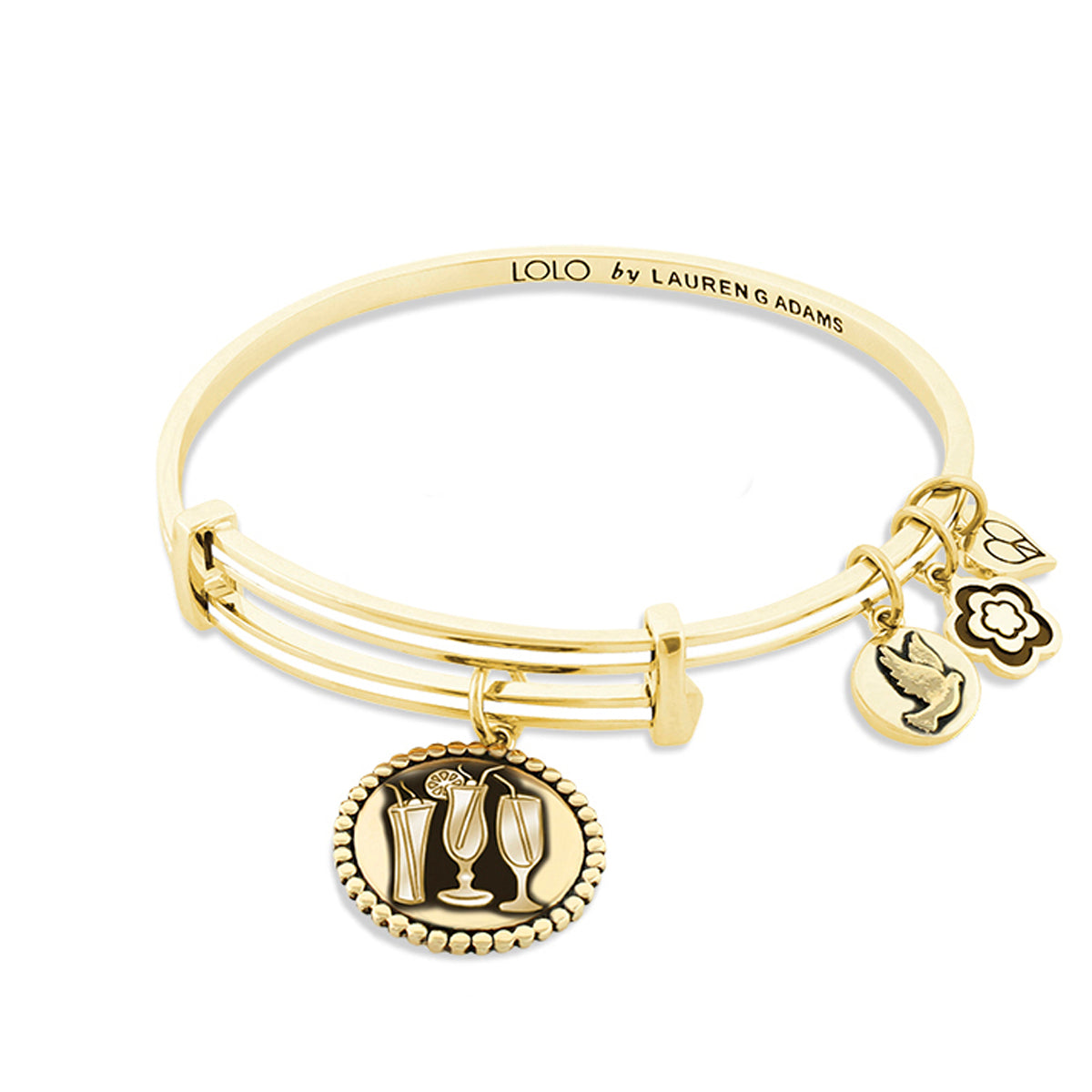 Gold-tone Lolo Cheers Bangle with champagne flute charm and dove charm LOLO by LAUREN ADAMS on Tampa Home & Garden Store