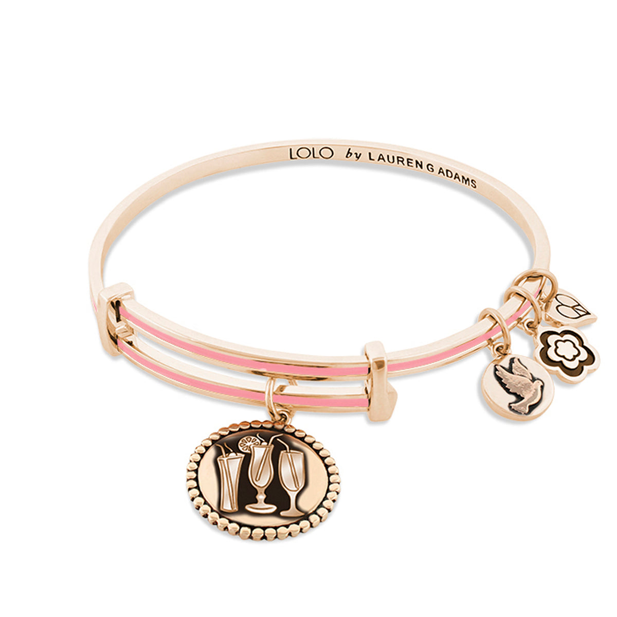 Lolo Cheers Bangle rose-gold bracelet with pink enamel bars and goblet coin, dove charm on Tampa Home & Garden Store