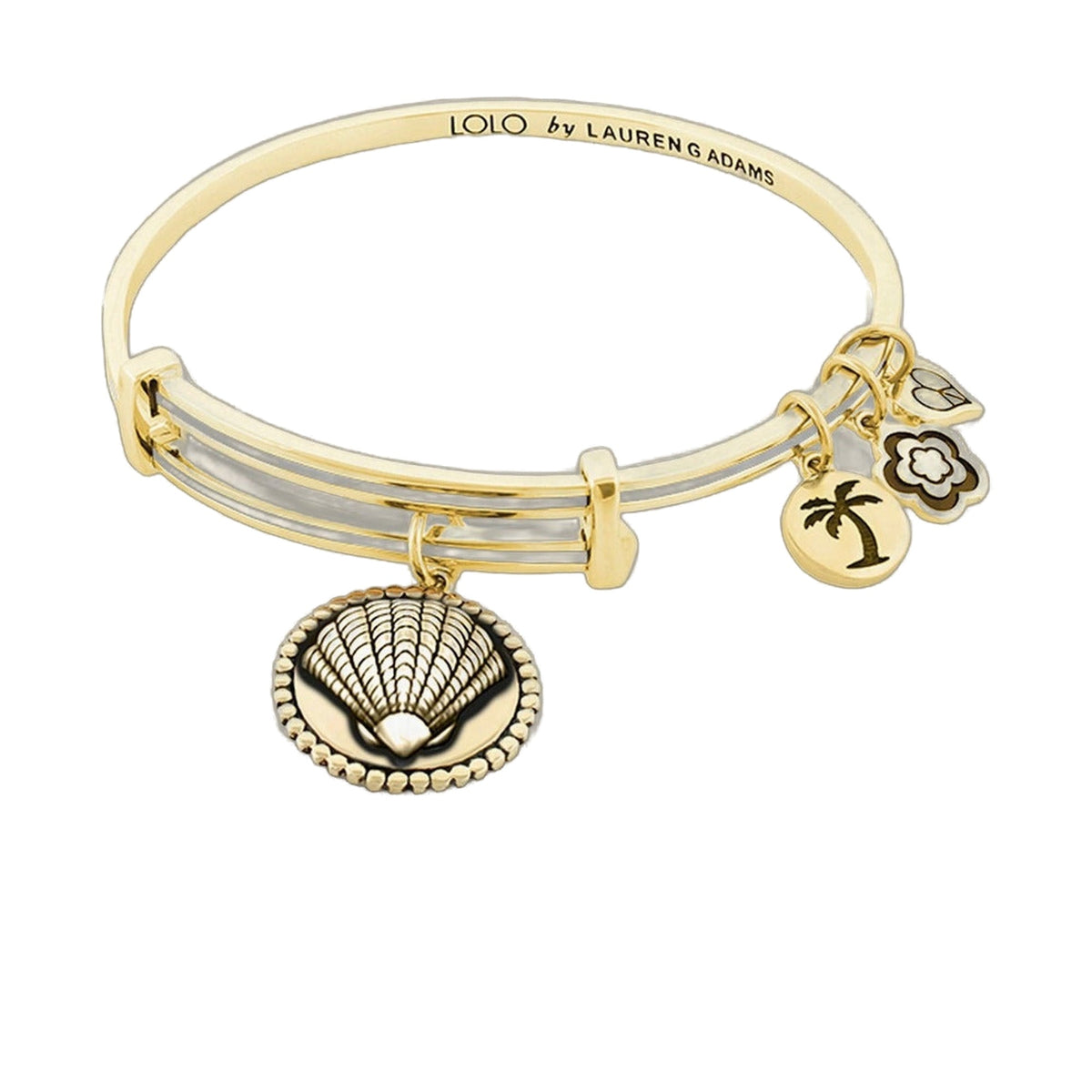 Lolo Seashell Bangle gold-tone bracelet by Lauren G Adams with shell and palm-tree charms on Tampa Home & Garden Store