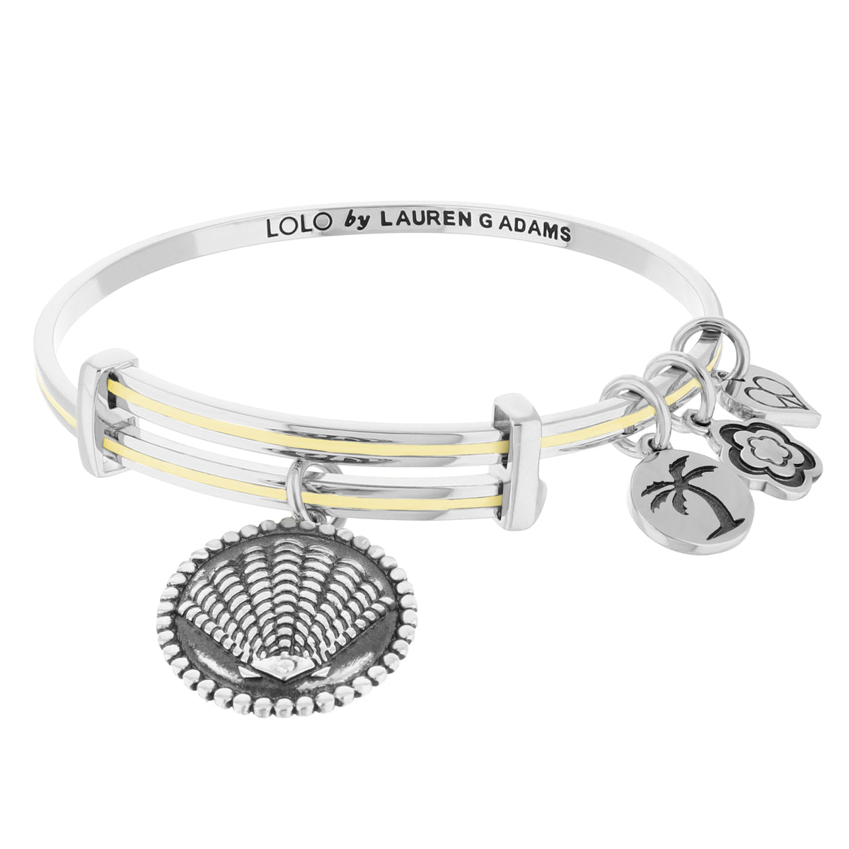 Lolo Seashell Bangle bracelet by Lauren G Adams, silver-tone with gold stripe and charms on Tampa Home & Garden Store
