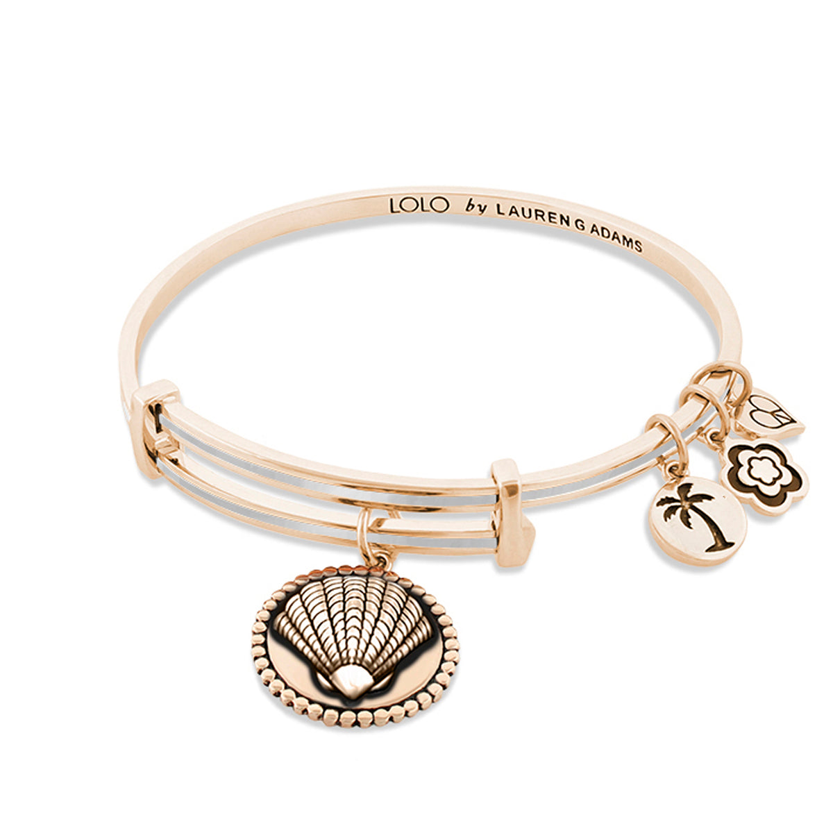 Lolo Seashell Bangle Lauren G Adams rose gold bracelet with shell charm and palm charms on Tampa Home & Garden Store