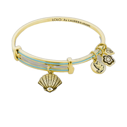 Lolo Clam Shell Bangle by Lauren G Adams, gold tone bracelet with blue enamel stripe and charms on Tampa Home & Garden Store