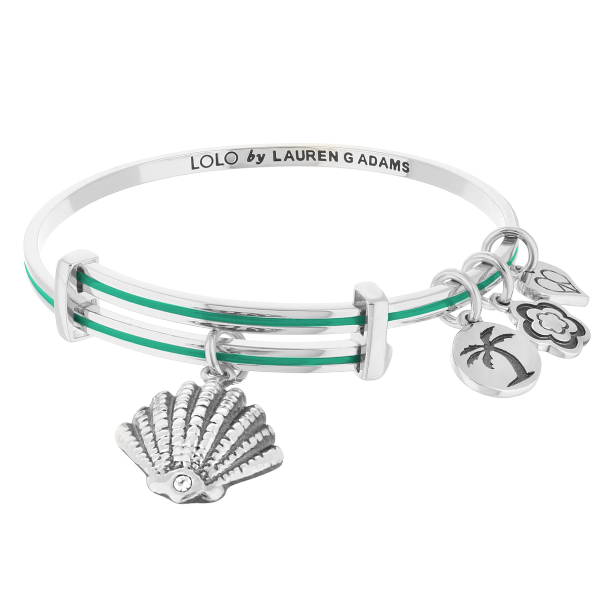 Lolo Clam Shell Bangle by Lauren G Adams, silver bracelet with green enamel stripe on Tampa Home & Garden Store