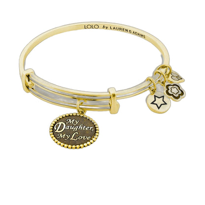 Lolo My Daughter Bangle by Lauren G Adams, gold tone with heart, star and flower charms on Tampa Home & Garden Store