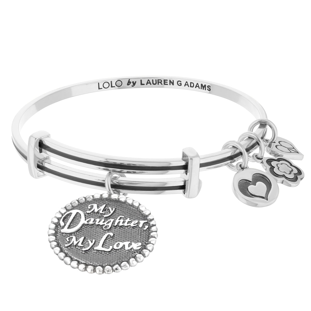 Lolo My Daughter bracelet by Lauren G Adams, silver tone stacked bangles with My Daughter pendant on Tampa Home & Garden Store