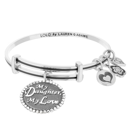 Lolo My Daughter bracelet by Lauren G Adams, silver tone stacked bangles with My Daughter pendant on Tampa Home & Garden Store