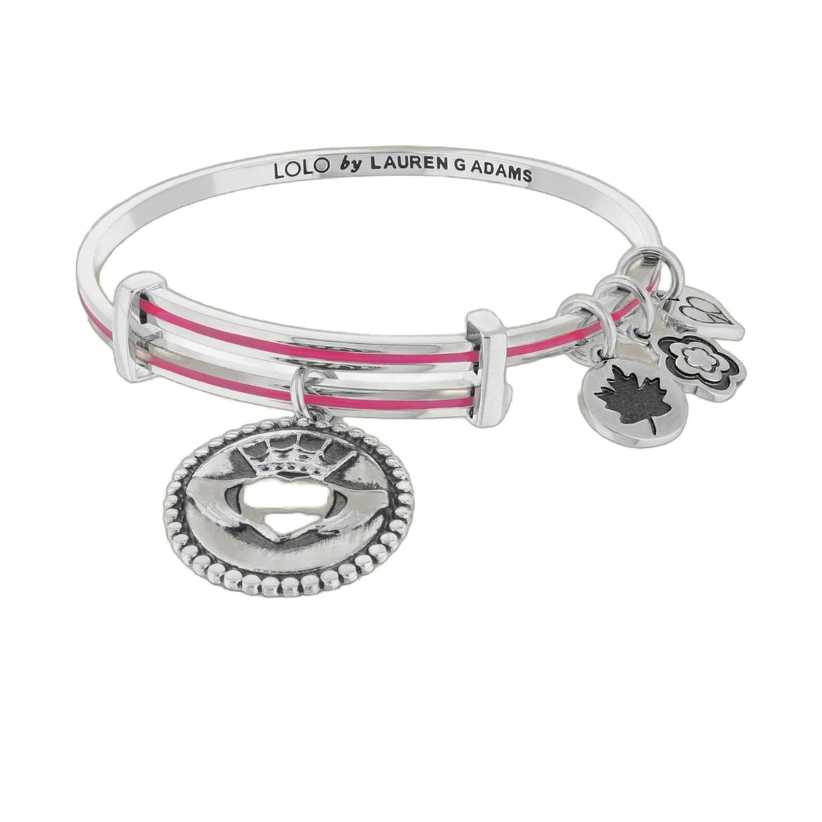 Lolo Claddagh Bangle bracelet by Lauren G Adams, silver-tone with pink stripe and heart charms on Tampa Home & Garden Store