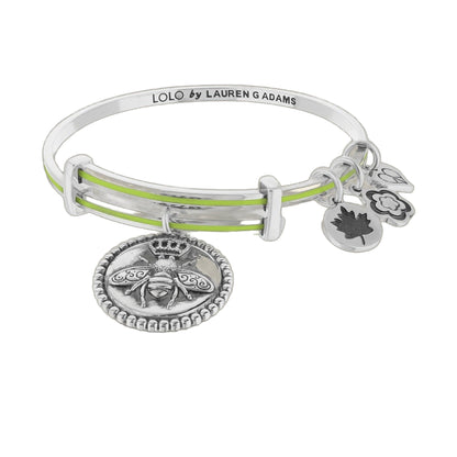 Lolo Queen Bee Bangle by Lauren G Adams, silver bracelet with lime stripe and bee charms on Tampa Home & Garden Store