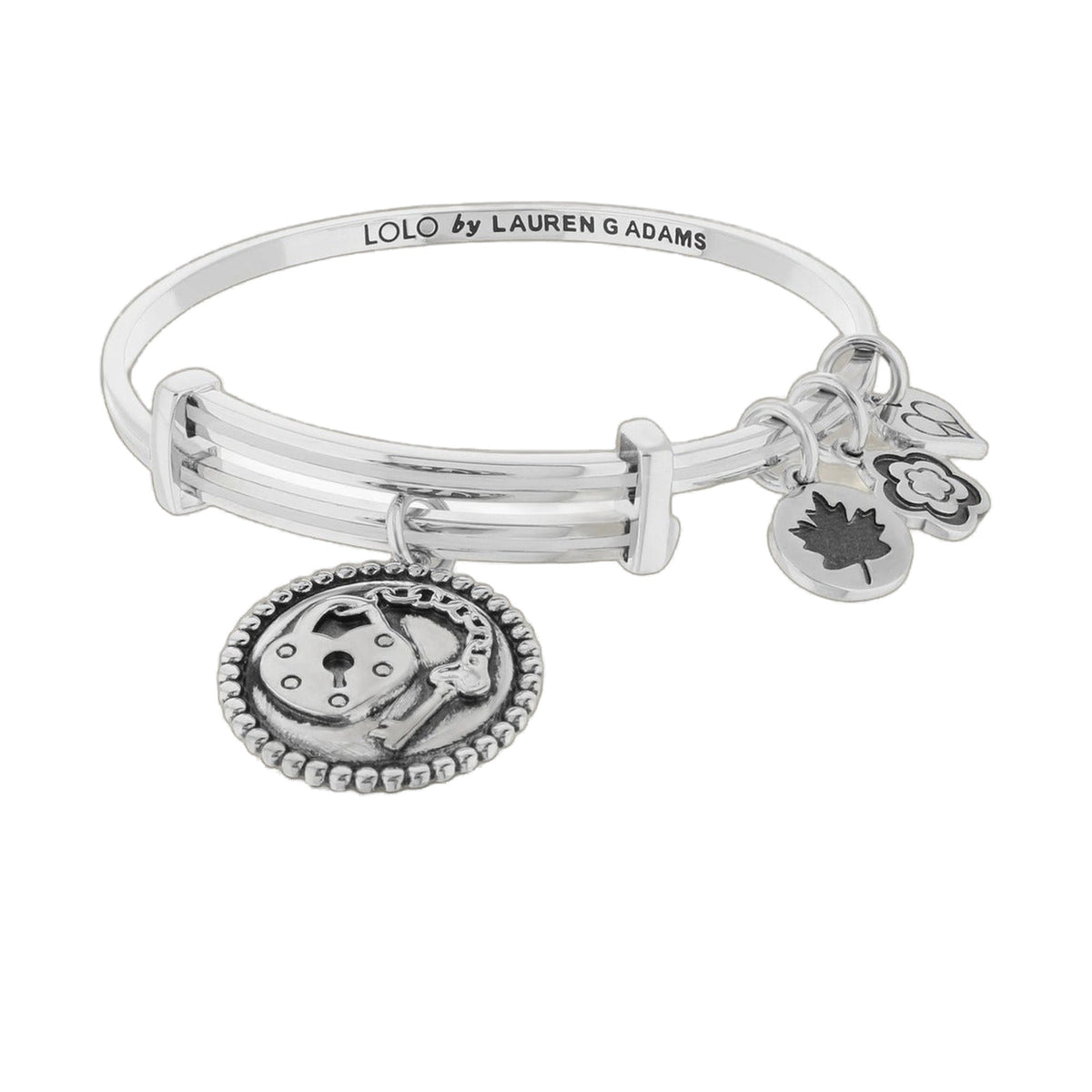 Lolo Key To My Heart Bangle by Lauren G Adams, silver-tone with LOLO engraving and charms on Tampa Home & Garden Store