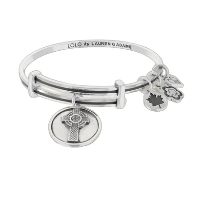 Lolo Celtic Cross Bangle by Lauren G Adams, silver bracelet with stacked bands and dangling charms LOLO by LAUREN G ADAMS engraved on inner edge on Tampa Home & Garden Store