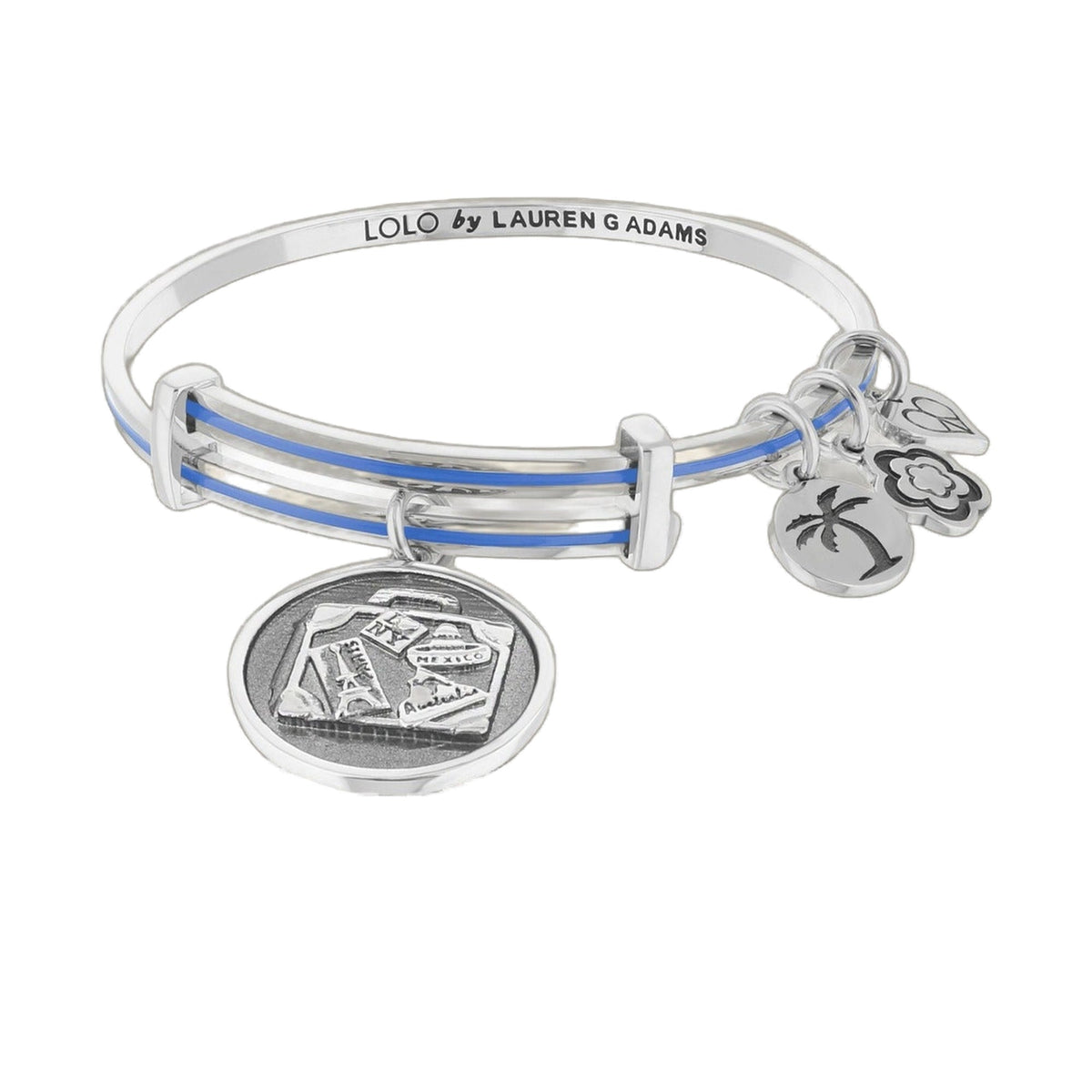 Lolo Suitcase Bangle by Lauren G Adams, silver bracelet with blue enamel bands and charms on Tampa Home & Garden Store