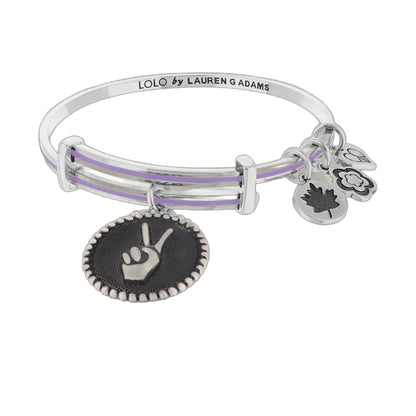 Lolo Peace Hand Bangle by Lauren G Adams, silver stackable bracelet with lilac enamel bands on Tampa Home & Garden Store