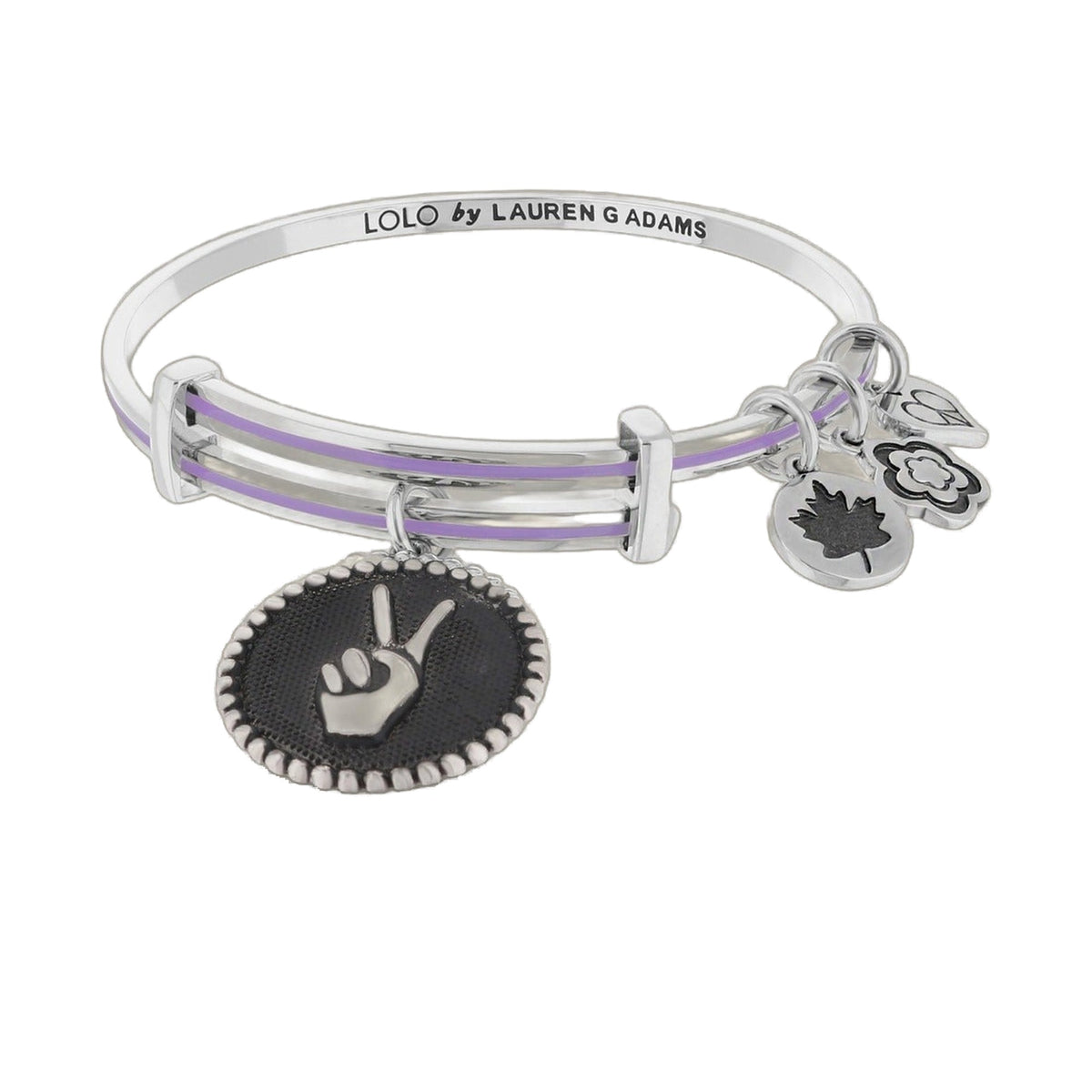 Lolo Peace Hand Bangle by Lauren G Adams, silver bracelet with lavender accents and charms on Tampa Home & Garden Store
