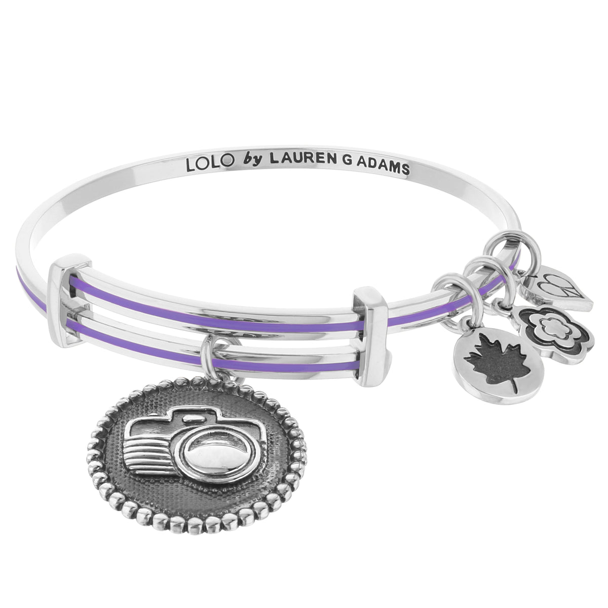 Lolo Camera Bangle by Lauren G Adams, silver bracelet with purple enamel stripe and charms on Tampa Home & Garden Store