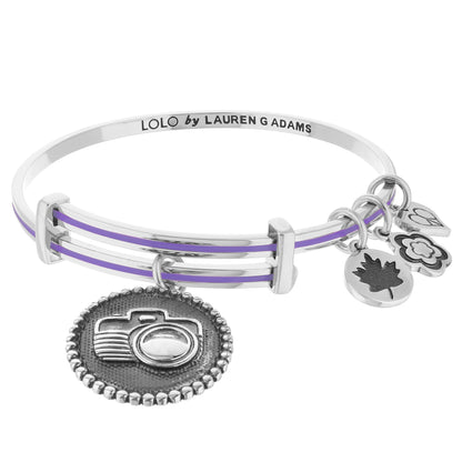 Lolo Camera Bangle by Lauren G Adams, silver bracelet with purple enamel stripe and charms on Tampa Home & Garden Store