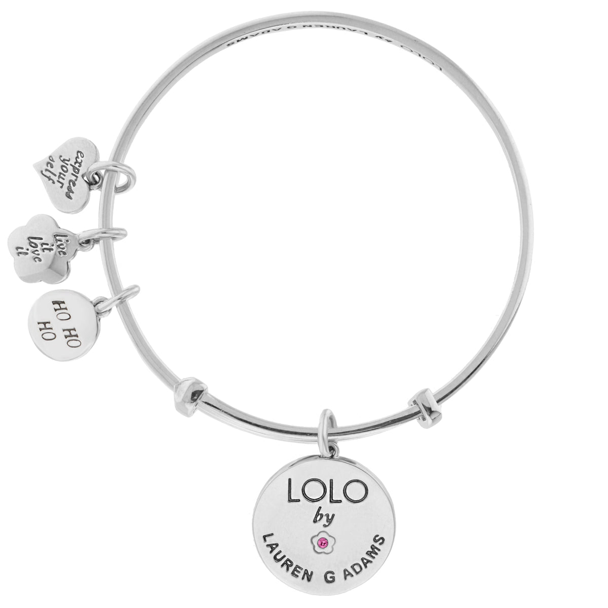 Silver Lolo Santa Claus Bangle with LOLO by Lauren G Adams charm and heart/flower accents on Tampa Home & Garden Store