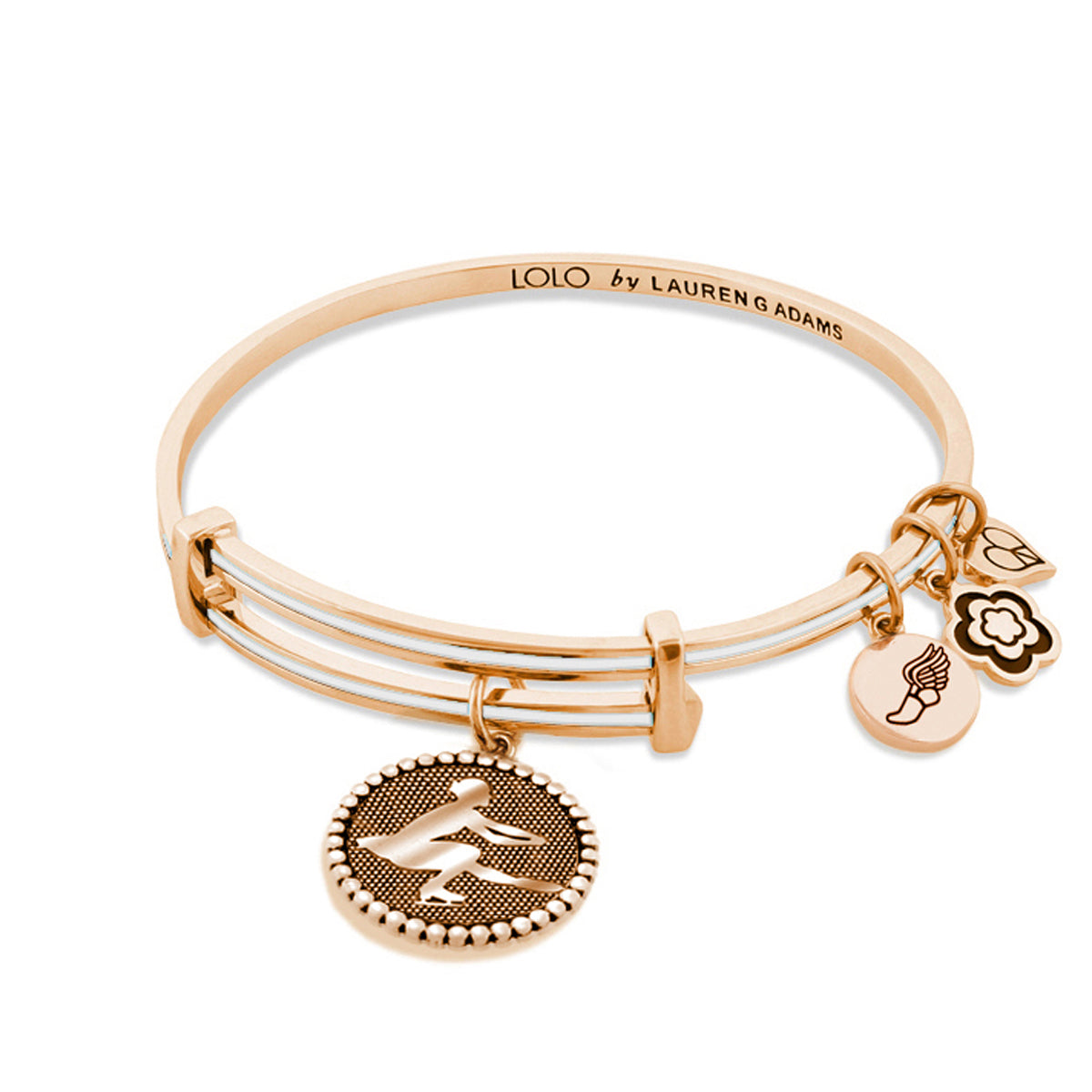 Lolo Figure Skating Bangle by Lauren G Adams, rose gold bracelet with bands and skating charm on Tampa Home & Garden Store