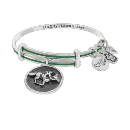 Lolo Race Horse Bangle by Lauren G Adams, silver-tone band with green stripe and horse charms on Tampa Home & Garden Store