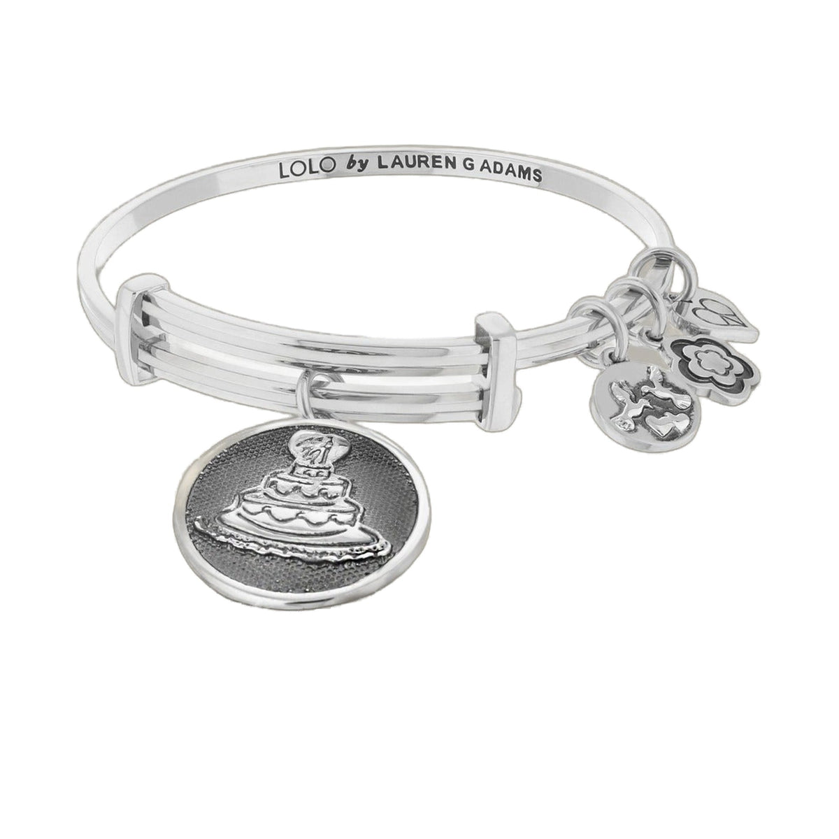 LOLO Bridal Cake Bangle by Lauren G Adams, silver bracelet with cake charms on Tampa Home & Garden Store