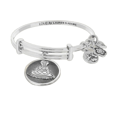 LOLO Bridal Cake Bangle by Lauren G Adams, silver bracelet with cake charms on Tampa Home & Garden Store
