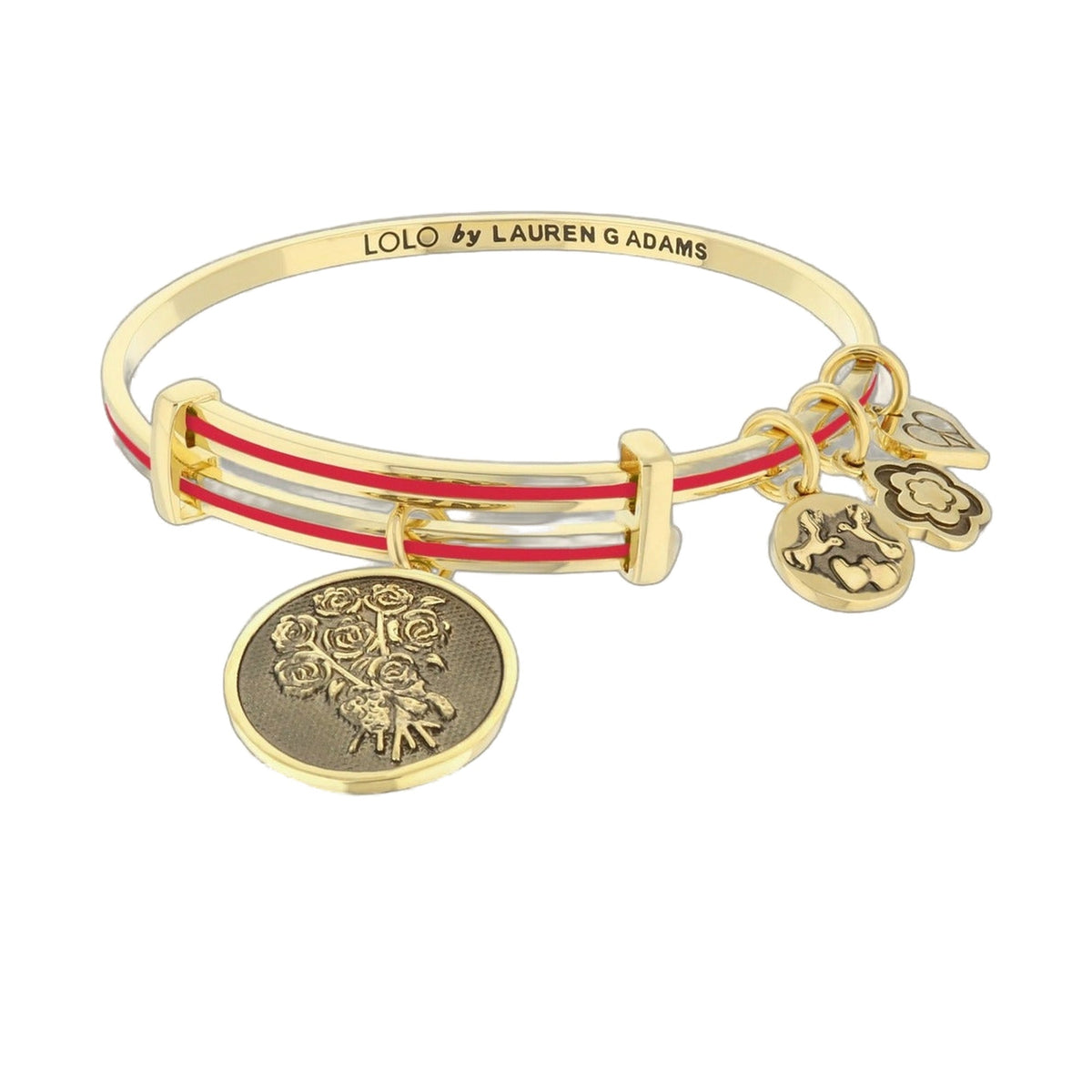 Lolo Flower Bouquet Bangle by Lauren G Adams gold bracelet with red stripe and coin charms on Tampa Home & Garden Store