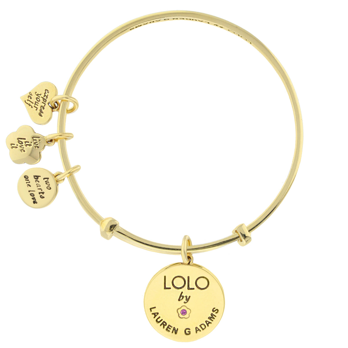 Lolo Flower Bouquet Bangle bracelet in gold tone with disc charms and LOLO by Lauren G Adams pendant on Tampa Home & Garden Store