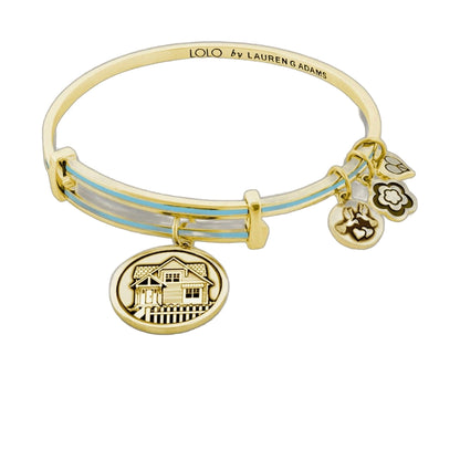 Lolo New House Bangle bracelet gold tone with blue enamel and house charms Lauren G Adams on Tampa Home & Garden Store