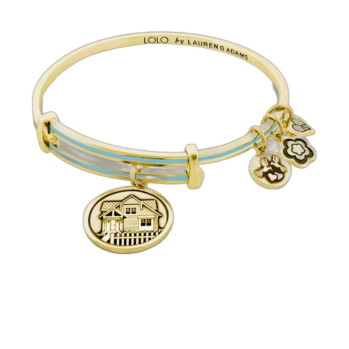 Lolo New House Bangle by Lauren G Adams gold bracelet with blue enamel stripe and house charms on Tampa Home & Garden Store