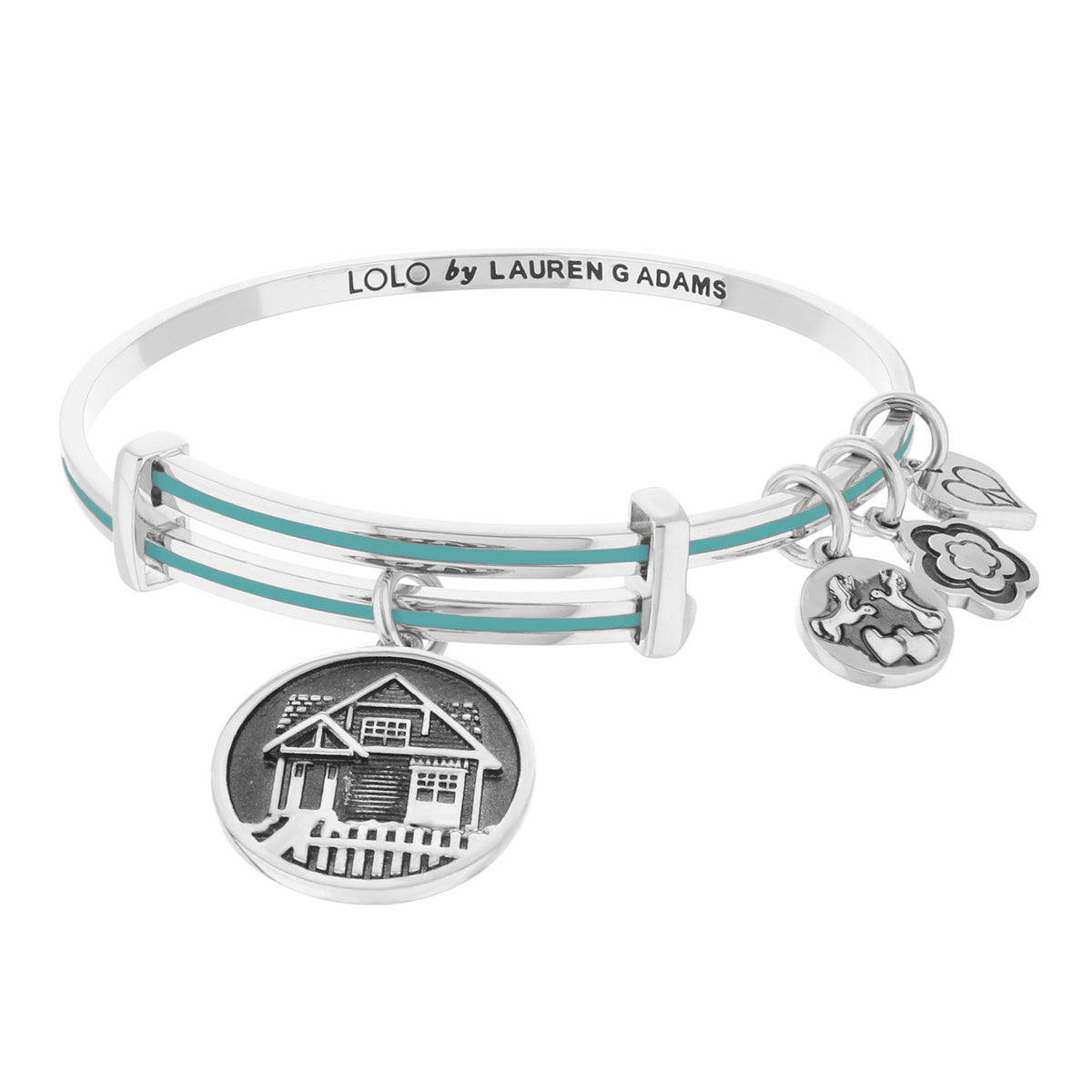 Lolo New House Bangle by Lauren G Adams, silver-tone bracelet with turquoise enamel house charms on Tampa Home & Garden Store