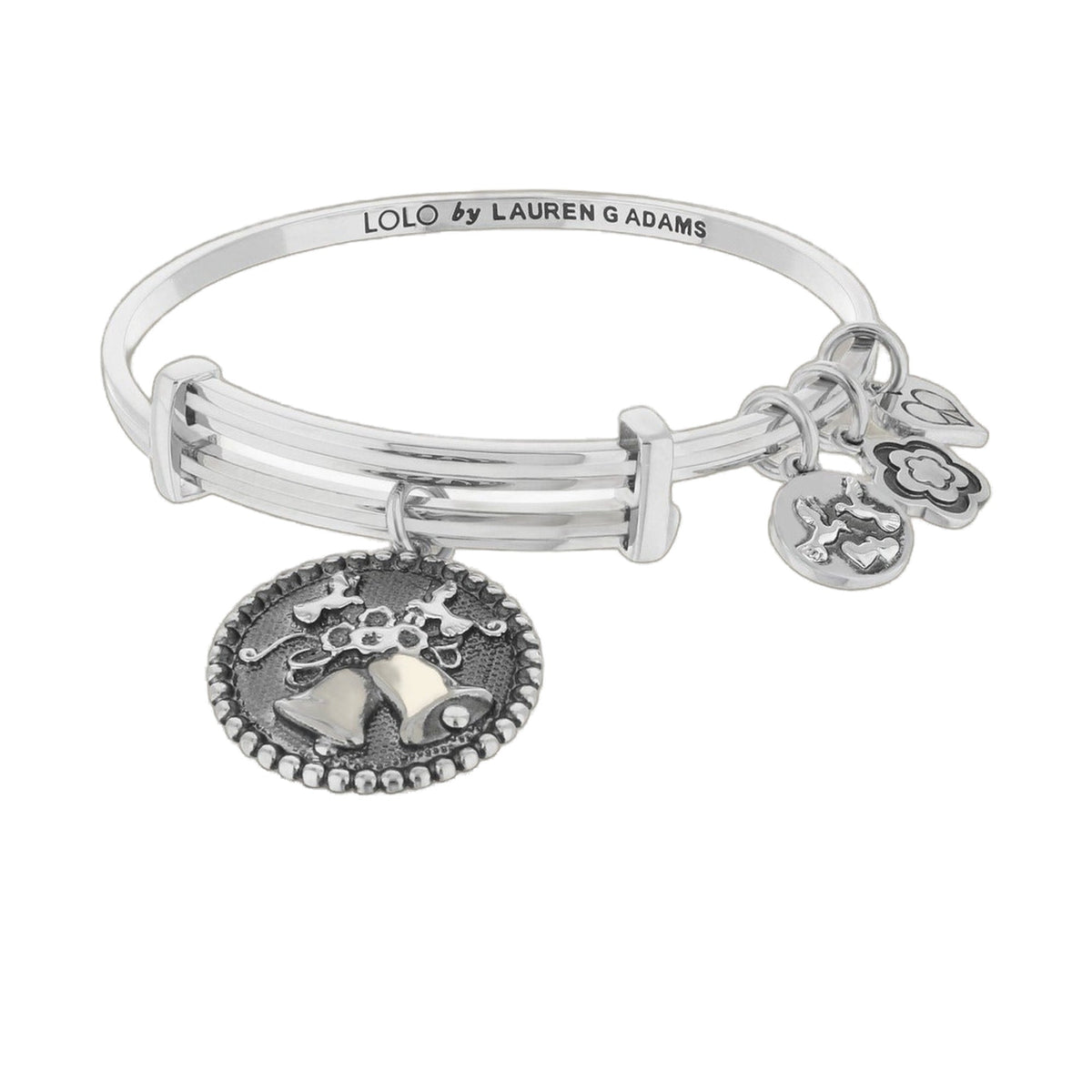 Lolo Wedding Bells Bangle by Lauren G Adams, silver bracelet with floral and heart charm accents on Tampa Home & Garden Store