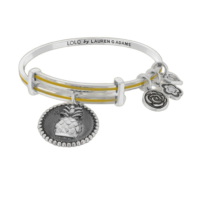 Lolo Pineapple Bangle by Lauren G Adams, silver bracelet with yellow stripe and flower charms on Tampa Home & Garden Store