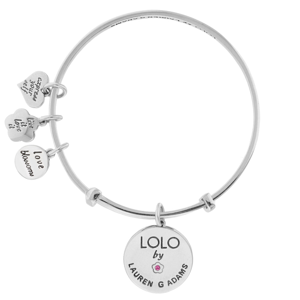 Lolo Pineapple Bangle by Lauren G Adams, silver bracelet with heart charms and LOLO tag on Tampa Home & Garden Store