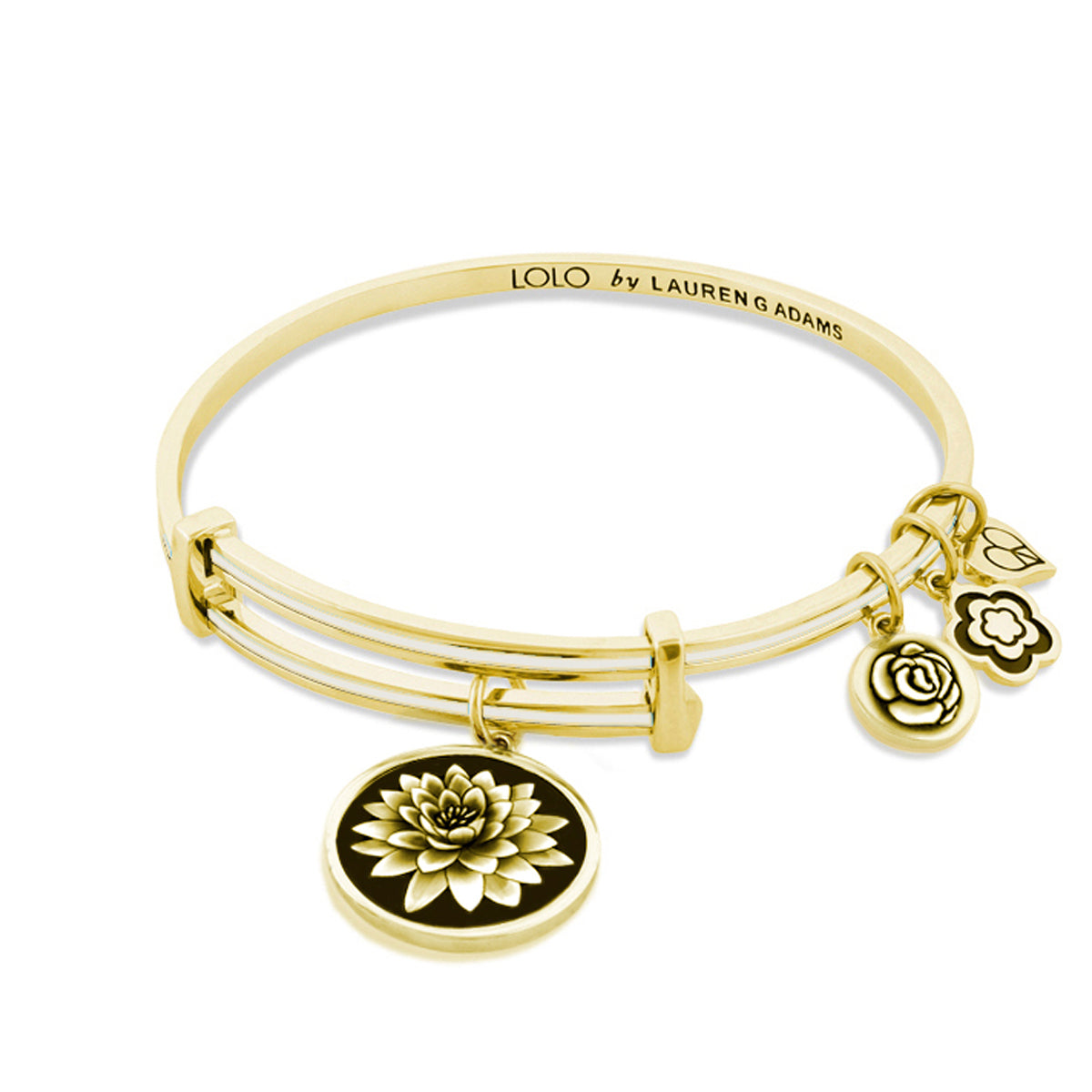 Lolo Lotus Flower Bangle gold-tone bracelet with lotus pendant and charms by Lauren G Adams on Tampa Home & Garden Store