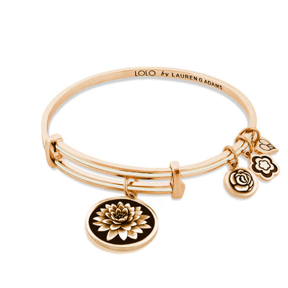Lolo Lotus Bangle, rose gold bracelet with lotus medallion on Tampa Home & Garden Store
